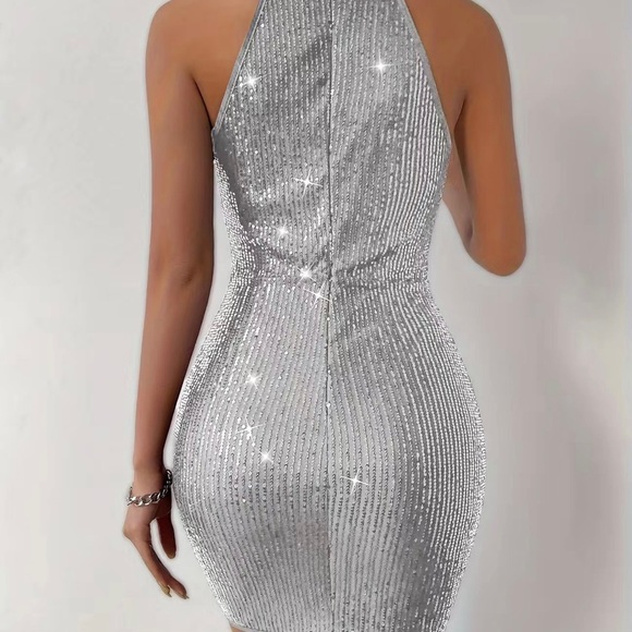 Black Sequin Halter Ruched Bodycon Dress - Picture 2 of 2